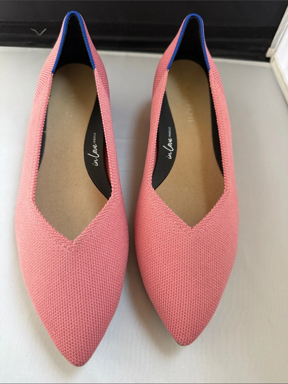 Rothy's Coral Knit Pointed Flats with Blue Trim